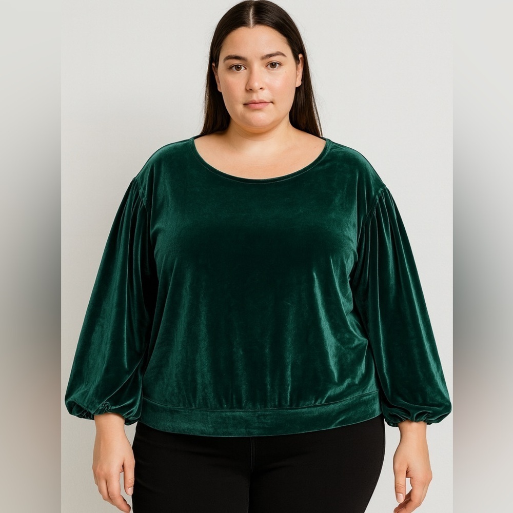 Ellos Forest Green Velvet Balloon Long
Sleeve Blouse Festive Size Lg